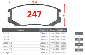 PASTILLAS DE FRENOS DELANTERAS MITSUBISHI LANCER 1.3 1.5 1.6/COLT 1.3 1.5 1.6/ DAIHATSU TERIOS 1.5 1.3/ TOYOTA RUSH 1.5/ ZOTYE HUNTER 1.3 1.5