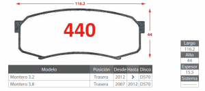 PASTILLAS DE FRESNOS TRASERAS MITSUBISHI MONTERO 3.2/ TOYOTA FJ CAUISER 4.0/ FORTUNER 2.7 2.8/ LAND CRUISER PRADO 2.7 4.0/ LAND CRUISER 2.7 4.2/4 RUNNER 4.0/ SEQUOIA 4.7 / JMC VIGUS 5