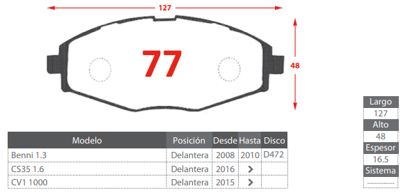 PASTILLA DE FRENOS DELANTEROS CHEVROLET DAEWOO/ BENNI 1.3/ CS35 1.6/ CV1 1000/ CHERY IQ 1100 800/ S21 1.3