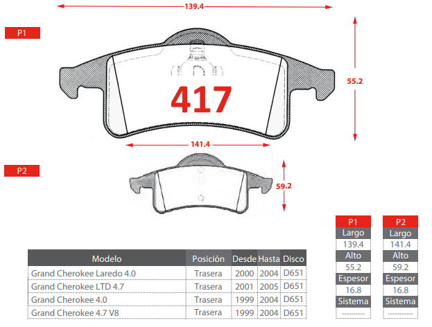 PASTILLAS FRENOS TRASERAS JEEP GRAN CHEROKEE LARENDO 4.0 99-04/ GRAN CHEROKEE 4.0 4.7