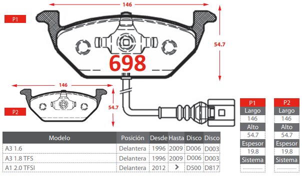 PASTILLA DE FRENOS DELANTERAS VOLKSWAGEN BORA 2.0/GOLF 1.6 1.8 1.9/ NEW BEETLE 2.0/ AUDI A3 1.6 1.8 2.0