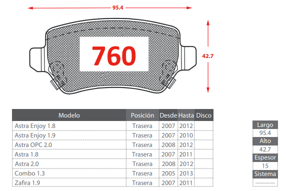 PASTILLA DE FRENOS TRASERAS OPEL COMBOT/ ASTRA ENJOY 1.8 1.9 2.0/ ASTRA 1.8 2.0/ COMBO 1.3/ ZAFIRA 1.9