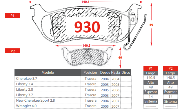 PASTILLAS DE FRENOS TRASERAS JEEP WRANGLER 4.0/ CHEROKEE 3.7/ LIBERTY 2.4 2.8 3.7/ NEW CHEROKEE SPORT 2.8