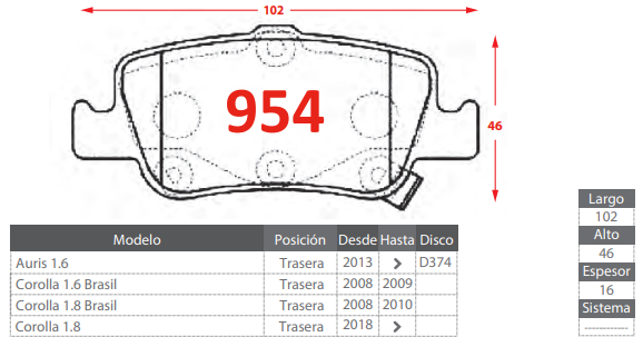 PASTILLAS DE FRENOS TRASERAS TOYOTA AURIS 1.6 /COROLLA 1.6 1.8