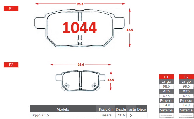 PASTILLAS DE FRENOS TRASERAS TOYOTA AURIS 1.6/ COROLLA 1.6 1.8/ URBAN CRUISER 1.3/ ZELAS 2.5/ CHERY TIGGO 2 2.5/ C30 1.5/ FLORID 1.5/ M4 1.5/ VOLEEX C10 1.5/ C20 1.5/ C30 1.5/ C50 1.5