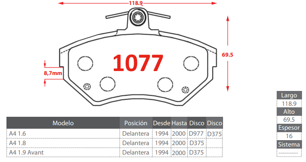 PASTILLA DEFRENOS DELANTEROS AUDI A4 4.6 4.8 1.9/ VOLKSWAGEN GOLF 1.9/ PASSAT 1.6 1.8 2.0/ CADDY 1.9/ CHEVROLET N300 MAX 1.2