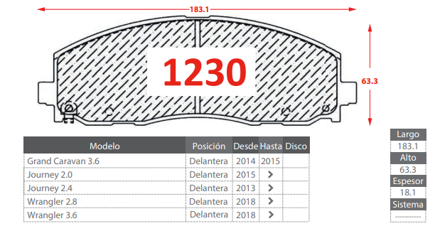 PASTILLA DE FRENOS DELANTEROS DODGE JOURNEY 2.0/ KIA GRAND CARAVAN 3.6/ JEEP WRANGLER