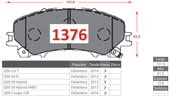 PASTILLA DE FRENOS DELANTERAS NISSAN XTRAIL III 1.6 2.0 2.5/ Q50 2.0