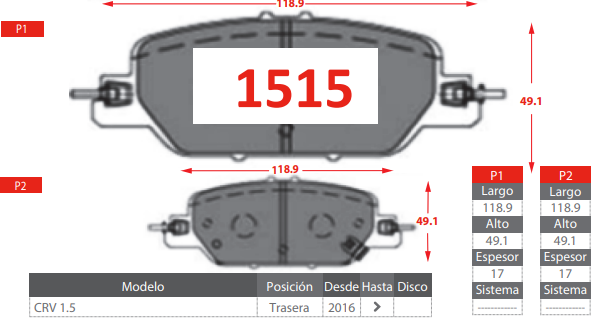 PASTILLAS DE FRENOS TRASERAS HONDA CRV 1.5