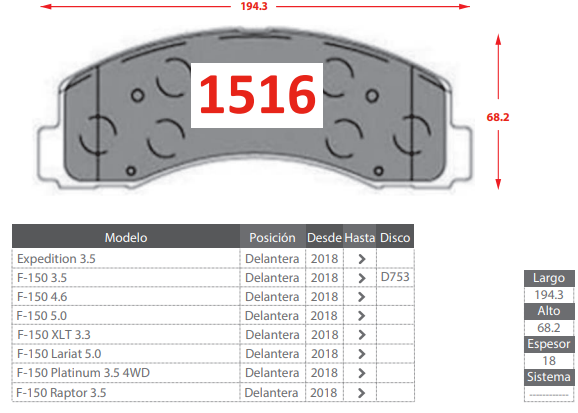 PASTILLAS DE FRENOS DELANTEROS FORD F-150 3.5 4.6 5.0 XLT 3.3/ PLATINUM 3.5/ RAPTOR 3.5/ EXPEDITION 3.5