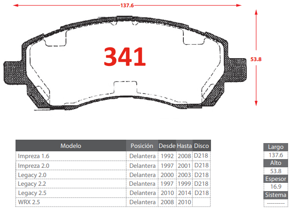 PASTILLAS DE FRENOS DELANTERAS SUBARU LEGACY 2.0 2.2 2.5/ IMPREZA 1.6 2.0/ WRX 2.5