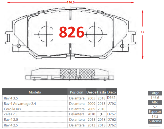 PASTILLAS DE FRENOS DELANTERAS TOYOTA RAV 4 3.5 2.4/ COROLLA XRS/ ZELAS 2.5/ RAV 4 2.0 2.500