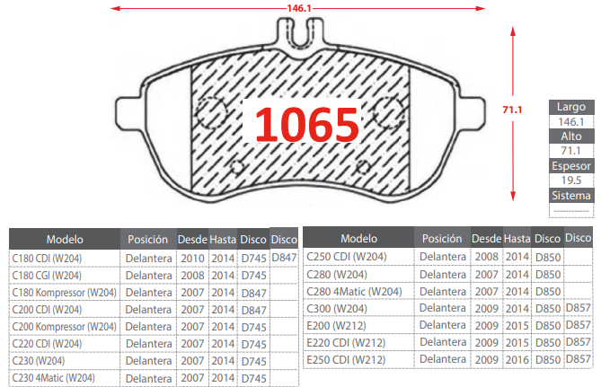 PASTILLAS DE FRENOS DELANTERAS MERCEDES C180/ C200/ C220/ C230/ C250/ C280/ C300/ E200/ E250