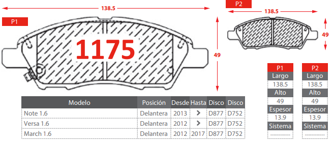 PASTILLA DE FRENOS DELANTERAS NISSAN VERSA 1.6/ MARCH 1.6/ NOTE 1.6