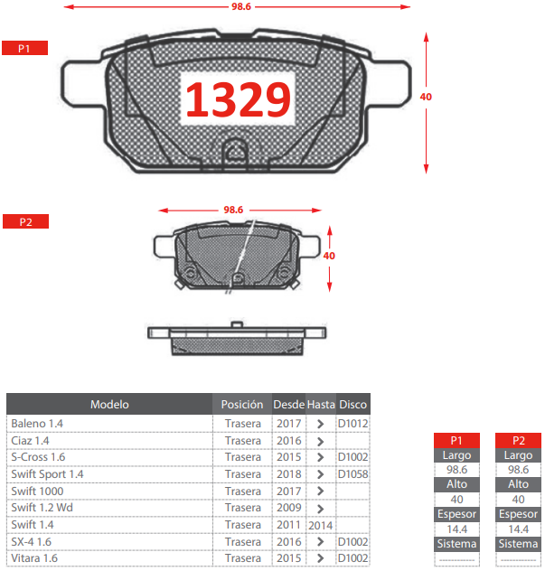PASTILLA DE FRENO TRASERAS SUZUKI VITARA 1.6/ SWIFT SPORT 1.4/ SWIFT 1.2 1.4/ BALENO 1.4