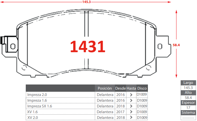 PASTILLAS DE FRENOS DELANTERAS SUBARU IMPREZA 1.6 2.0/ XV 1.6 2.0